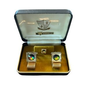Vintage Diamond Cut Cufflinks Tie Tack Set Iridescent Stone Gold Tone Case Men's